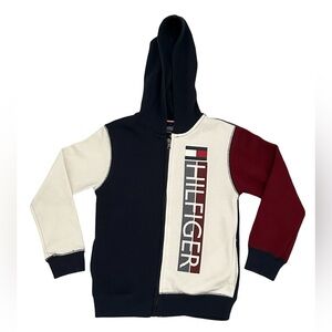 Tommy Hilfiger Boys Sz 7 White Red Navy Blue Full Zip Hoodie Retro Colorblocked
